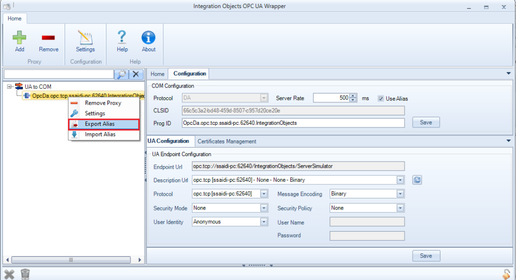 Alias configuration: Export Alias