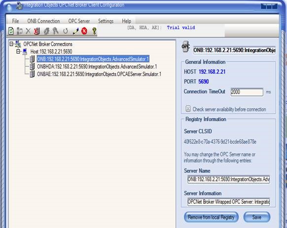 OPCNet Broker client showing imported OPC Server connections in the ONB Connections list