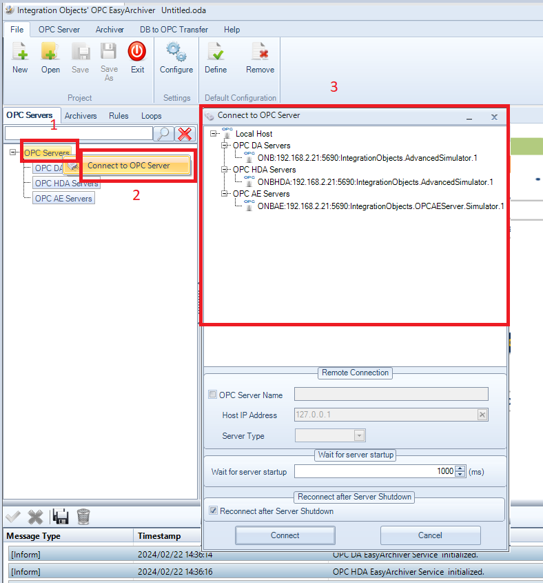 OPC client browsing an OPC Server connection established through OPCNet Broker