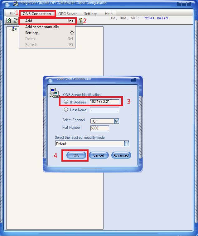 OPCNet Broker client configuration tool showing the Add ONB Connection window with OPC Server IP address field
