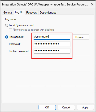 OPC UA Wrapper Service Logon