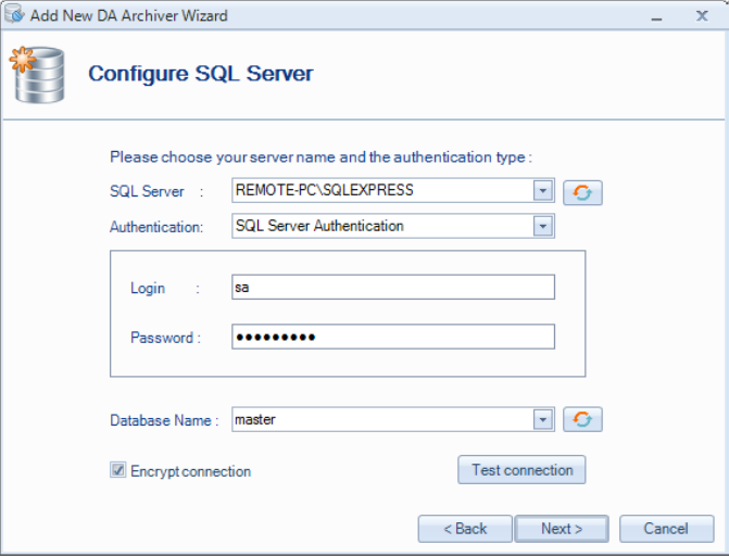 Encrypt connection checkbox in the OPC Easy Archiver Add New DA Archiver Wizard for SQL Server