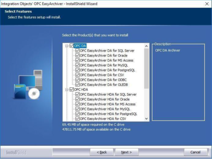  Feature selection screen in the OPC Easy Archiver InstallShield installer
