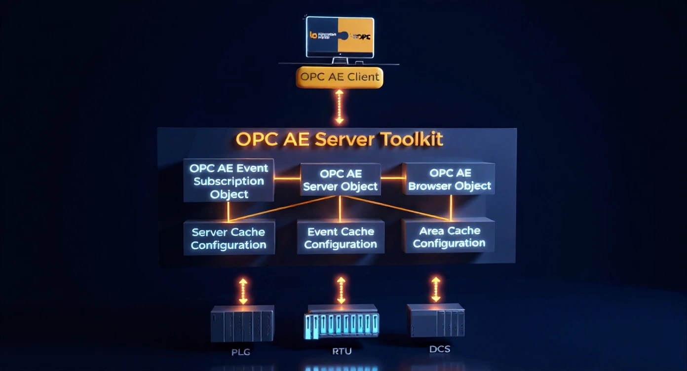 OPC AE Server Toolkit architecture diagram: alarms and events server development in C++ and .NET