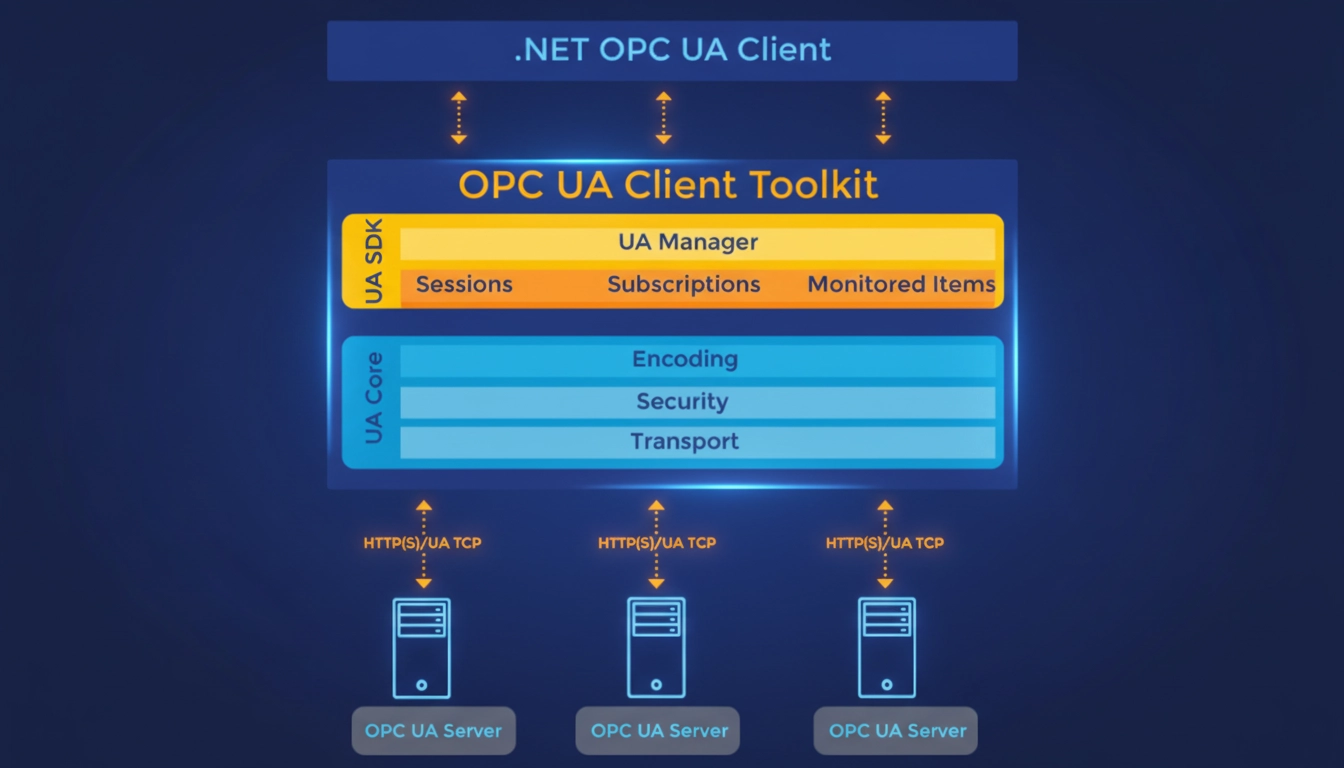 OPC UA Client Toolkit architecture diagram: .NET application connecting to OPC UA servers