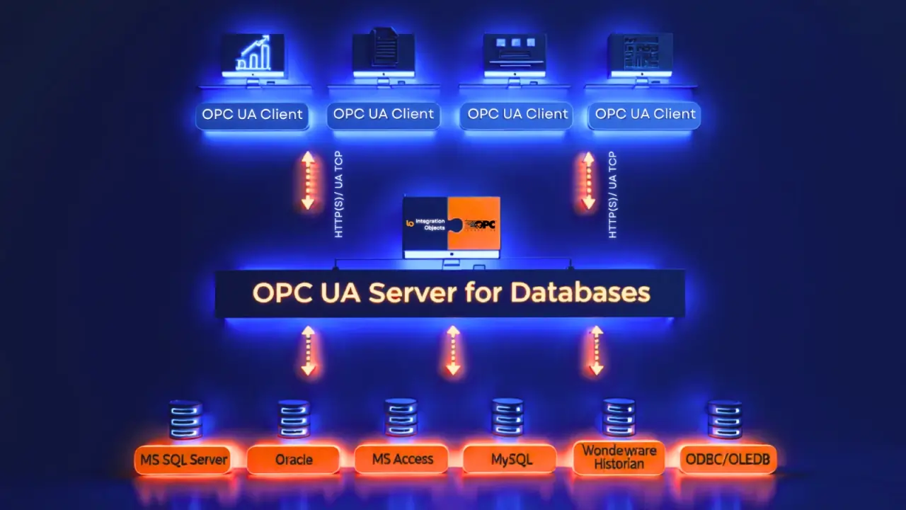 OPC UA Server for Databases architecture diagram: SQL database linked to OPC UA clients and control systems
